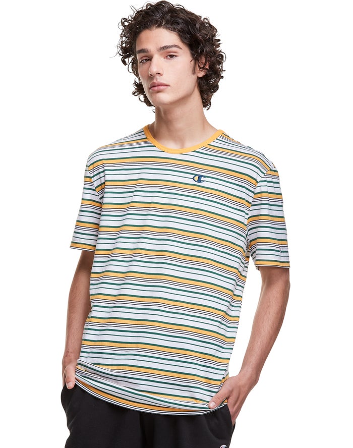 Champion T-Shirt Heren - Wit/Geel - Yarn-Dye Stripe C Logo ( 130726-LEX )